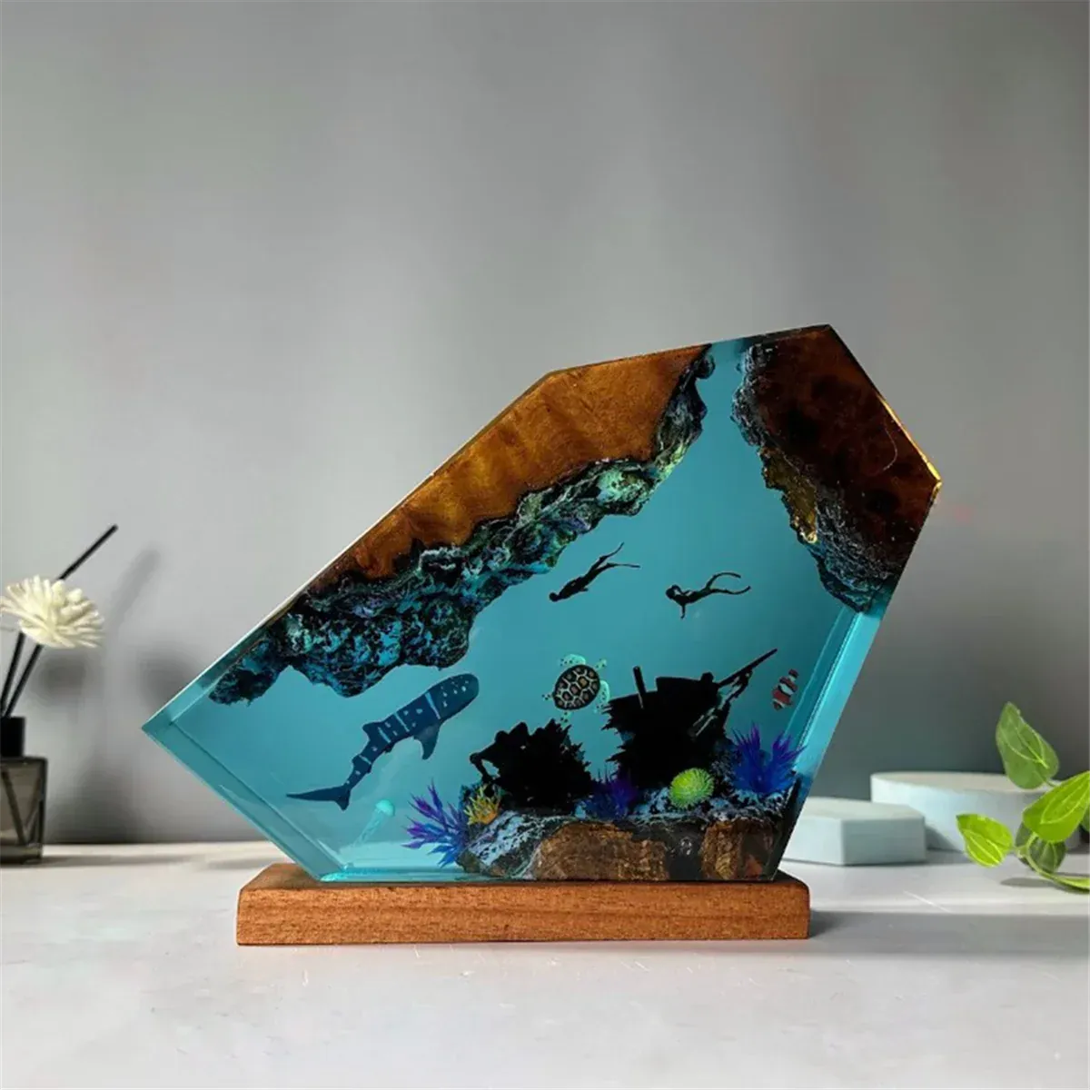 Veilleuse Lampe Résine Époxy Océan avec Tortue Baleine, unique