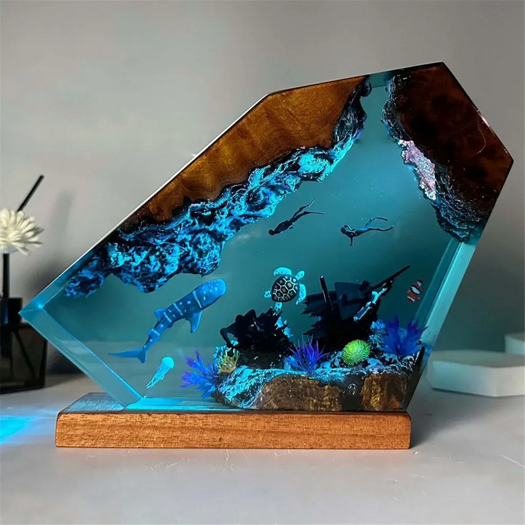 Veilleuse Lampe Résine Époxy Océan avec Tortue Baleine, unique