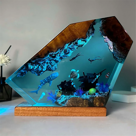 Veilleuse Lampe Résine Époxy Océan avec Tortue Baleine, unique