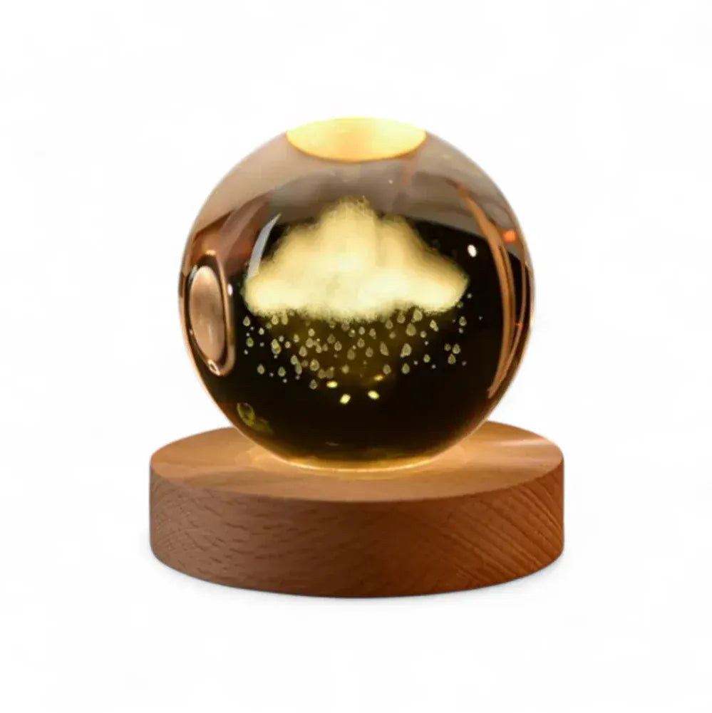 Veilleuse Nuage Boule de Cristal 3D avec Socle en Bois, idéal mobile