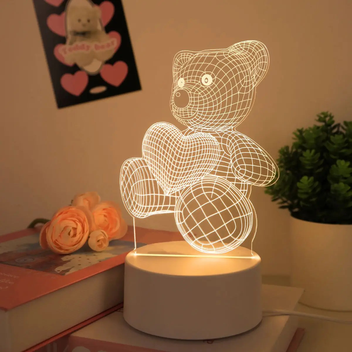 Veilleuse Ourson Cœur 3D : Douceur et Lumière pour Bébé